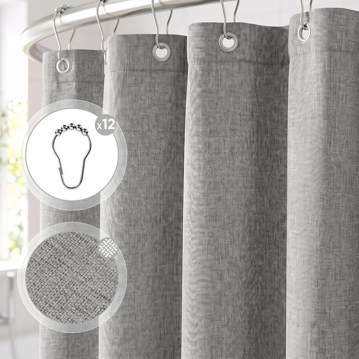Sekey Duschvorhang Textil Duschvorhang Wannenvorhang Waschbar wasserabweisend mit Ringe Breite 180 cm (Packung, inkl. 12 Ringe), Badewannenvorh, 100% Polyester, Leinenoptik 180x200cm Frostgrau – Bild 2
