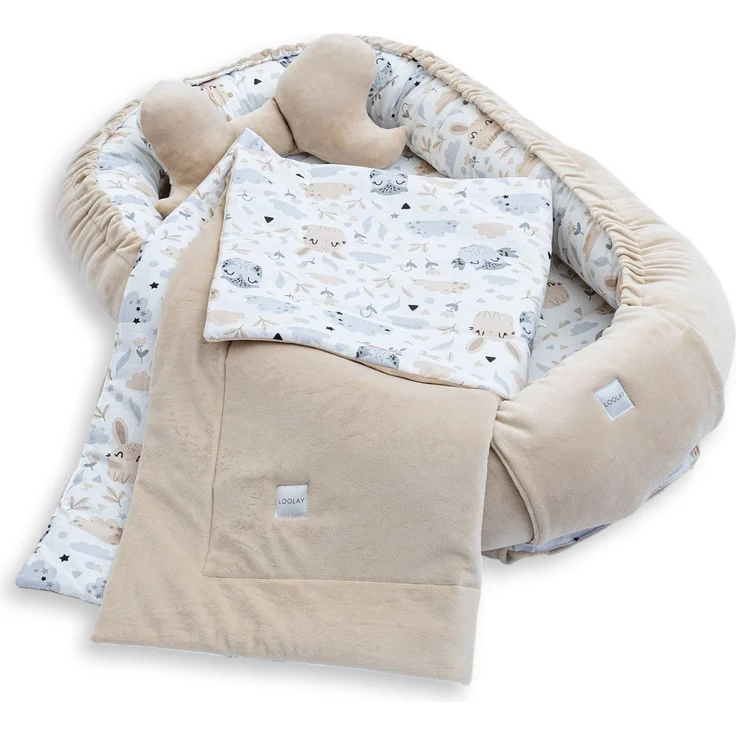 Loolay Kuschelnest BABYNEST + DECKE + Kissen Babyausstattung Baumwolle & Samt Velours, (MUSTER: BEIGE Samt Velour/ HASE EULE, 3-tlg, Liebevoll handgefertigt Nestchen! Geborgenheit Komfort für Neugeborene), Premium Ausstattung - 100% Europäische Stoffe ... – Bild 5