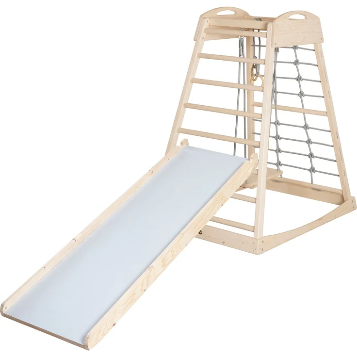 roba Montessori Indoor Spielturm inkl. 2in1 Rutsch- & Kletterbrett, Kletternetz- & Sprossenseite, Schaukel & Turnringen - Geeignet ab 24 Monaten - Belastbar bis 70 kg - Holz natur – Bild 6