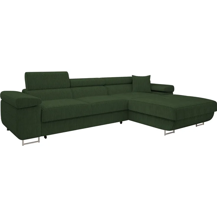 Ecksofa Torezio Mini Cord mit Bettkasten, Schlaffunktion und Einstellbare Kopfstützen (Farbe: Poso 14, Seite: Rechts)