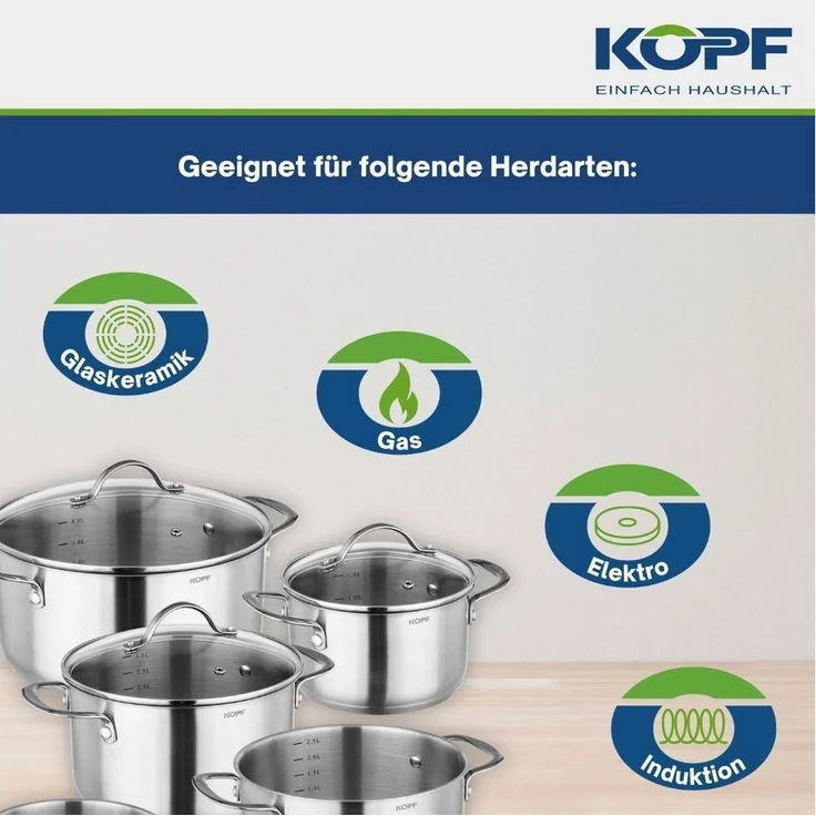 Kopf Topf-Set Clara, Edelstahl (Set, 8-tlg, 4 Kochtöpfe (16,20,20,24cm), 1 Stielkasserolle (16cm), 3 Glasdeckel), Kochtopfset, Töpfe Induktion, Spülmaschinengeeignet, Backofenfest – Bild 3