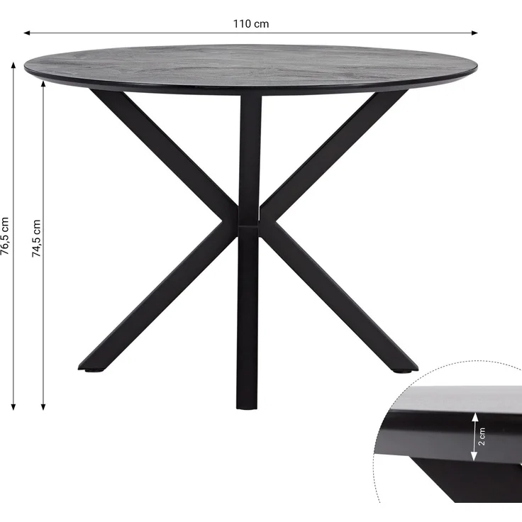 Esstisch mit 2 Stühlen Set Essgruppe Polsterstühle Leinen Grau Esszimmertisch Rund Ø 110 cm Modern Metall Schwarz – Bild 4