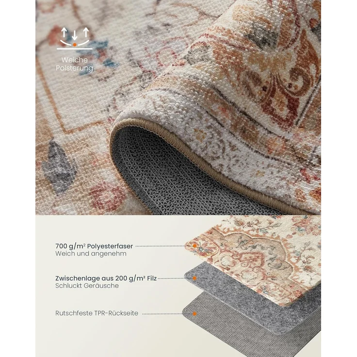 SONGMICS HOME Vintage Teppich, 160x230 cm, Wohnzimmerteppich, Schlafzimmerteppich, Waschbarerteppich, Rutschfester Teppich, für Küche, Flur, Esszimmer, cappuccinobeige TAR033L01 – Bild 3