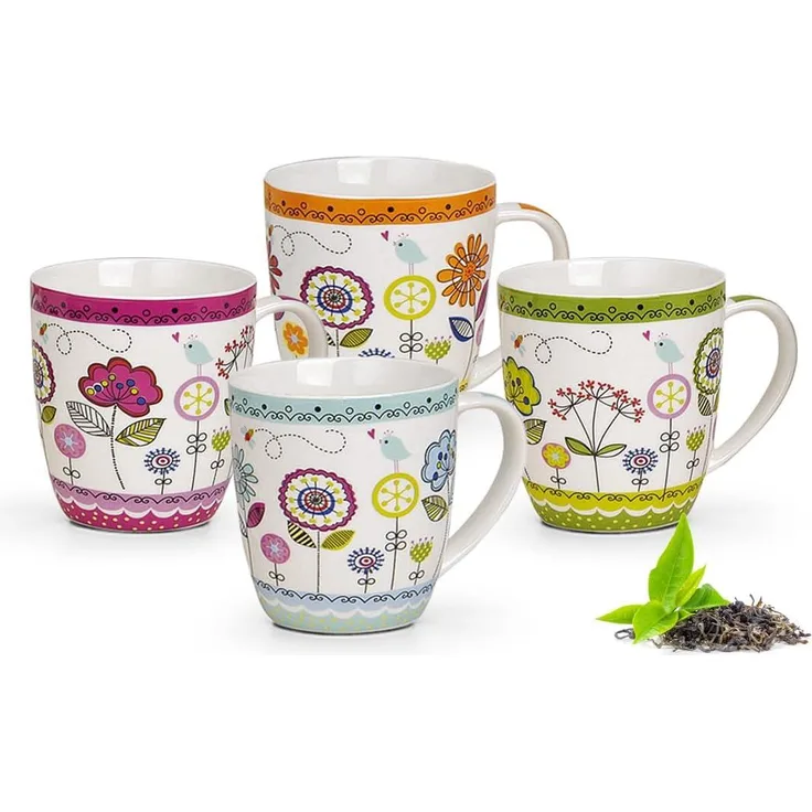 matches21 HOME & HOBBY Tasse Kaffeetassen 4er Set Blumen Herzen Sommer Frühling, Porzellan, Tee Kaffee-Becher, modern, lila orange grün blau, 350 ml