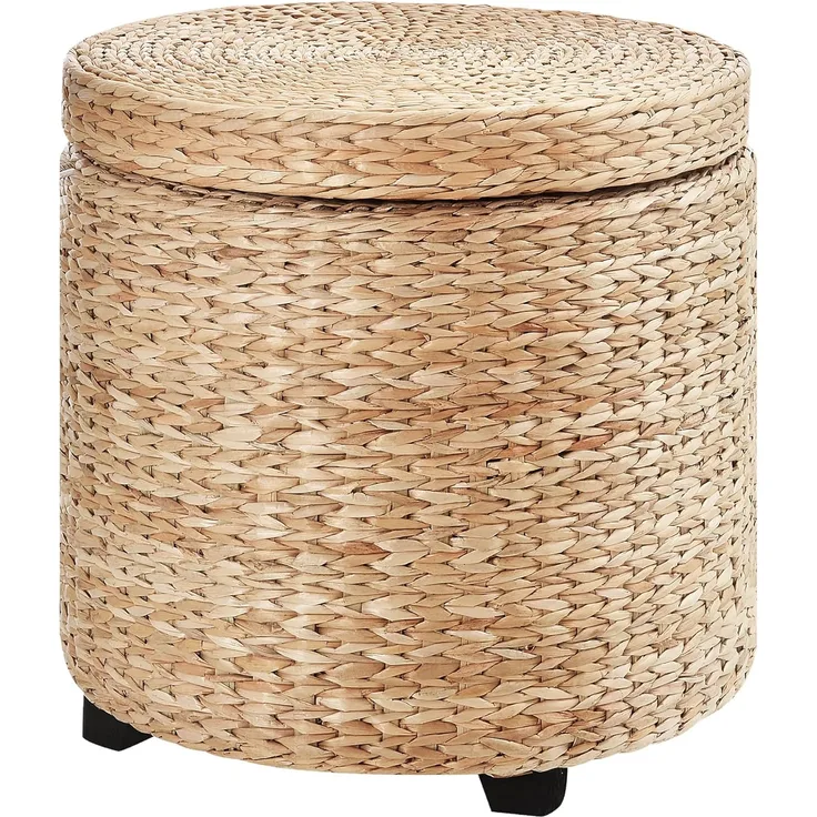HOMCOM Sitzhocker mit Stauraum, Fußhocker, Fußstützen Hocker, Aufbewahrungsbox, Deckel Abnehmbar, Stroh Rattan, Khaki, Ø43x43 cm