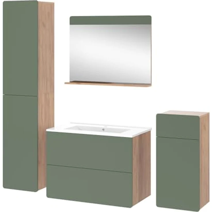 Vichy Badmöbel-Set Izan, 5-teiliges Badmöbelset in Goldkraft Eiche/Grün mit Hoch- und Midischrank – Bild 1