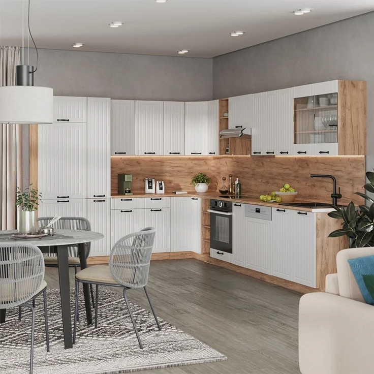Eckküche Fame-Line Weiß Landhaus/Goldkraft Eiche 347 x 257 cm ohne Arbeitsplatte Vicco – Bild 2