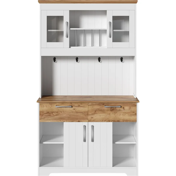 Merax 176.5cm Küchenbuffet Schrank mit Stauraum, Küchenschrank mit Vitrinenfächern, 2 Schubladen, Türen und Hakenleiste – Buffetschrank, Weiß + Holzfarbe – Bild 8