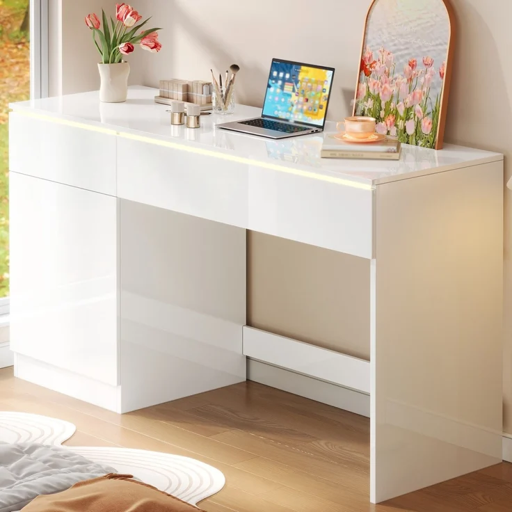 Schreibtisch aus Spanplatte mit LED-Beleuchtung und Stauraum, 120x50x78 cm, Weiß – Bild 2