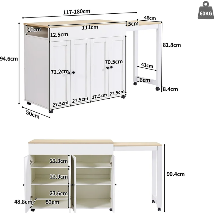 Moderner ausziehbarer Bartisch(117-180×50×94.6cm) ,Ausziehbarer Esstisch mit Stauraum , mit sechs AblageflächenStehtisch Bistrotisch, für Esszimmer,Verwendung als Wohnzimmertrennwand,Weiß – Bild 6