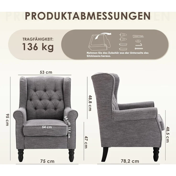 COLAMY Mid-Century Modern Sessel Wohnzimmer, Gepolsterter Wingback-Sessel mit Knopfsteppung, loungesessel Bezug aus Gewebe mit Massivholzbeinen für Wohnzimmer, Büro, Café - Dunkelgrau – Bild 2