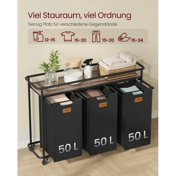 VASAGLE Wäschekorb mit 3 Fächern, Wäschesortierer mit Rädern, 150 L Wäschewagen mit Ablage, schwarz-braun – Bild 3