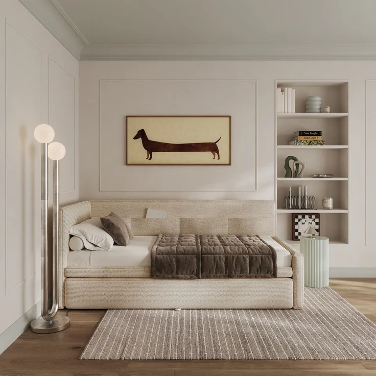 Selsey 'Nesmi' Polsterbett mit Bettkasten, Webstoff Hellbeige, 90x200 cm – Bild 3