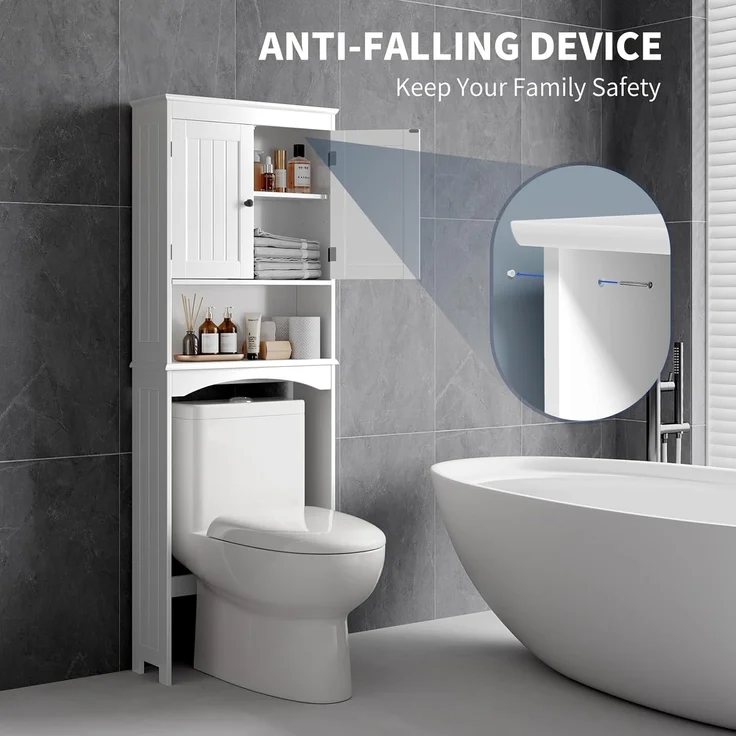 Bealife Toilettenregal, Regal über Toilette mit 3-stufigen verstellbaren Regalen, WC Überbauschrank Freistehend, 167 x 60 x 23 cm Überbau Toilettenschrank mit Doppeltüren für Badezimmer – Weiß – Bild 4