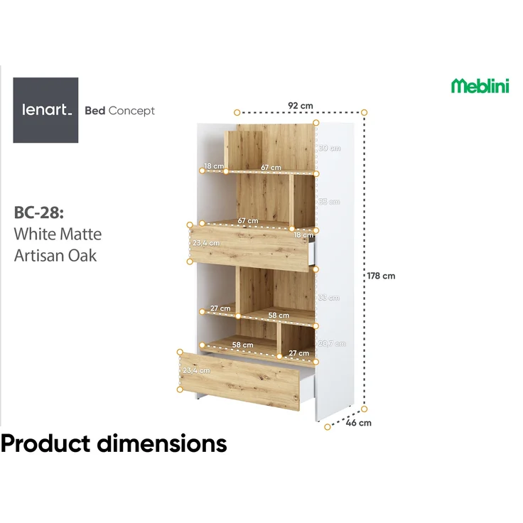 MEBLINI Wohnzimmerschrank für Schrankbett Bed Concept - Hochschrank mit Regalen, Fächern und Schubladen - BC-28 - Weiß/Artisan Eiche – Bild 4
