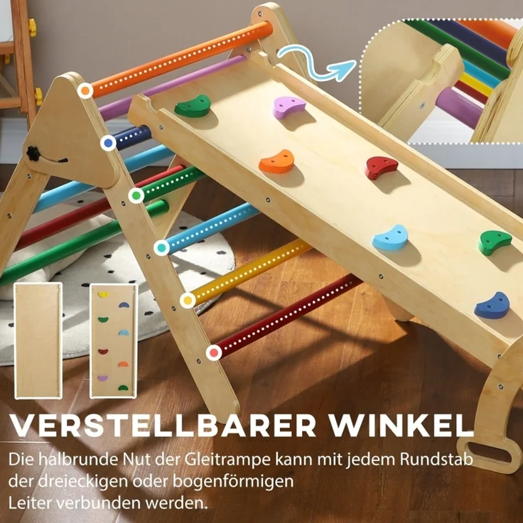 LVHOM 5-in-1 Klettergerüst aus Holz, Pikler Dreieck mit Rutsche & Bogenbrücke, faltbares Kletterdreieck für Kleinkinder, Motorikspielzeug bis 50 kg – Bild 4
