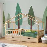 Bellabino 'Bia' Hausbett 90x200 cm mit 2 Schubladen, natur, Kiefer Massivholz, Montessori Kinderbett mit Stauraum, inkl. Rausfallschutz und Lattenrost