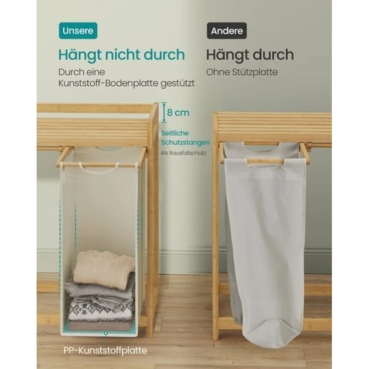 SONGMICS Wäschekorb 3 Fächer, Bambus, 150 L, mit Ablage, kleine seitliche Taschen, 3 x 50 L, cremeweiß, 94 x 33 x 78 cm – Bild 2
