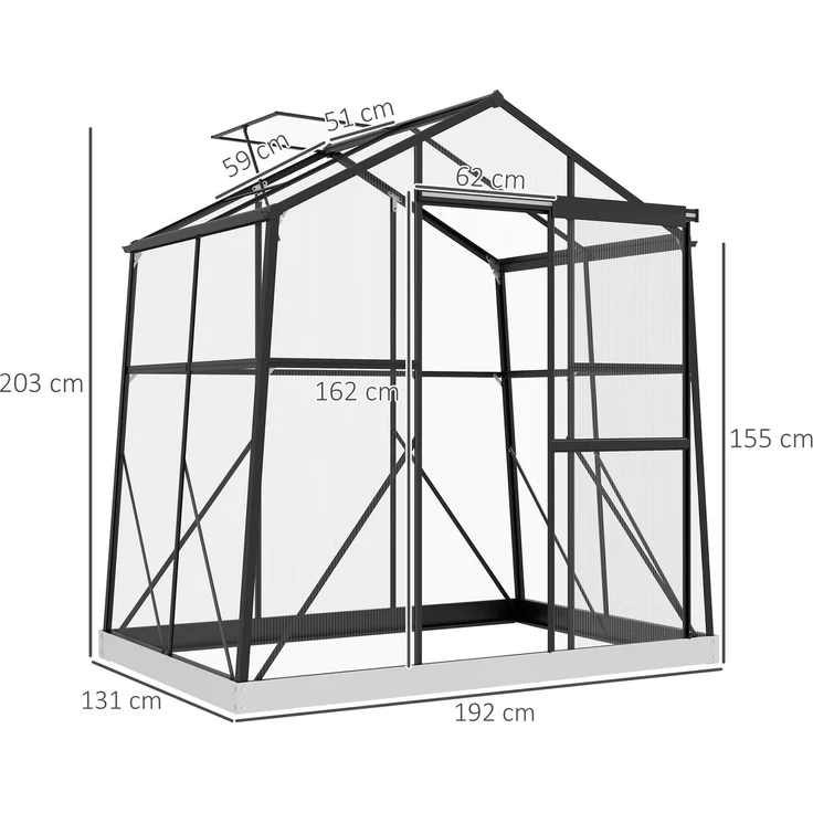 Outsunny Gewächshaus, Aluminiumlegierung, Polycarbonat, Schwarz, 192L x 131B x 203H cm – Bild 3