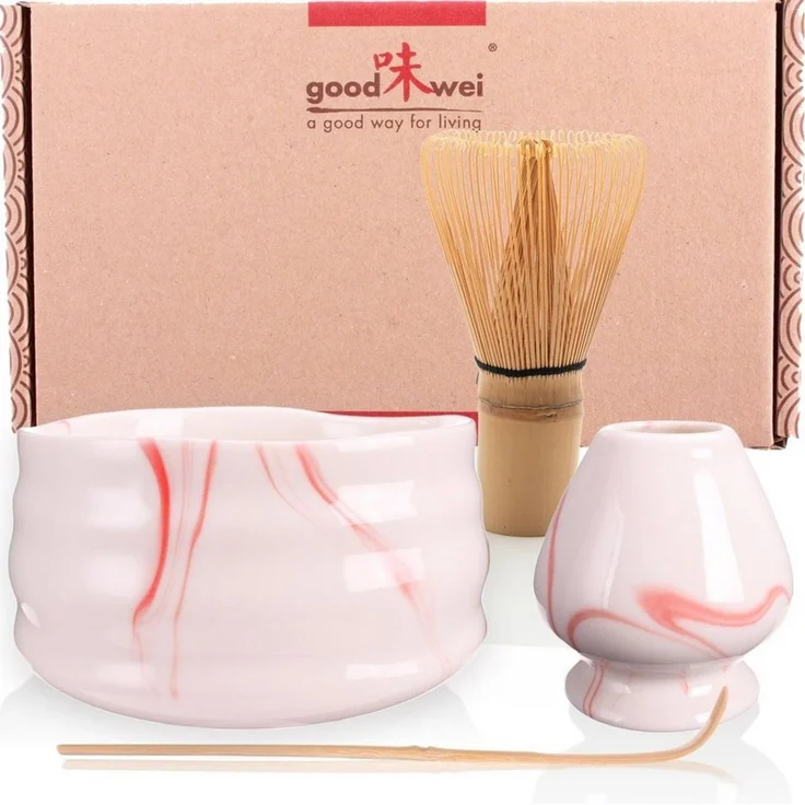Goodwei Teeschale Matcha-Set "Pink Marmor" 80 mit Teeschale, Matchabesen und Besenhalter, 4-tlg, Keramik