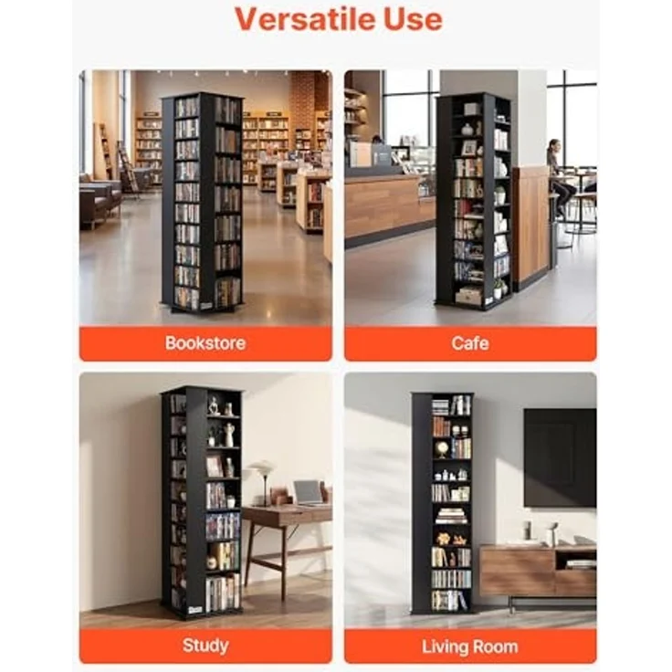 VEVOR DVD-Drehregal mit 34 Fächern, Einstellbares Medienregal Standregal 475 x 475 x 1636 mm, Platzsparendes Aufbewahrungsregal für CDs DVDs Bücher Spiele-Discs, Wohnzimmer Homeoffice, Schwarz – Bild 6