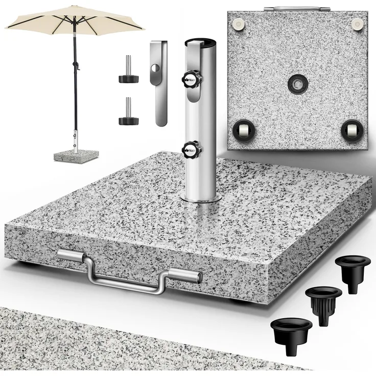 tillvex® Granit Sonnenschirmständer mit Rollen & Transportgriff Grau - 27 kg Eckig | Schirmständer Sonnenschirm mit Edelstahlrohr | Balkonschirmständer für Schirmstöcke 16-48 mm & 250 cm Schirmdurchmesser