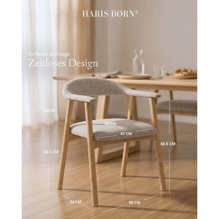 Haris Børn Esszimmerstuhl mit Armlehne (Massiv Eiche) - Polsterstühle für Esszimmer (Set, 2 St), Greige - Esszimmer Stühle & Esstisch Stühle - Moderner Polsterstuhl – Bild 2