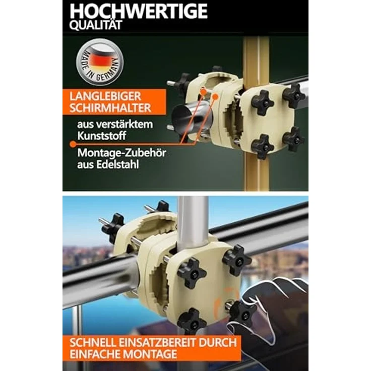 4smile Sonnenschirmhalter Balkongeländer SunnyGuy - Zuverlässige Sonnenschirm Halterung Balkon - Funktionale Schirmhalterung Balkongeländer als Sonnenschirmständer Balkon, Fb. Sandbraun – Bild 5