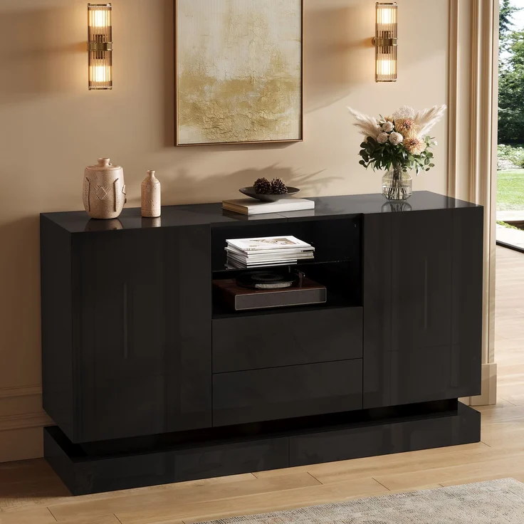 ZUBALIYA Sideboard 140x40x80 cm, mit LED-Beleuchtung, Hochglanz, mit 2 Türen, aus Spanplatte, Schwarz – Bild 11