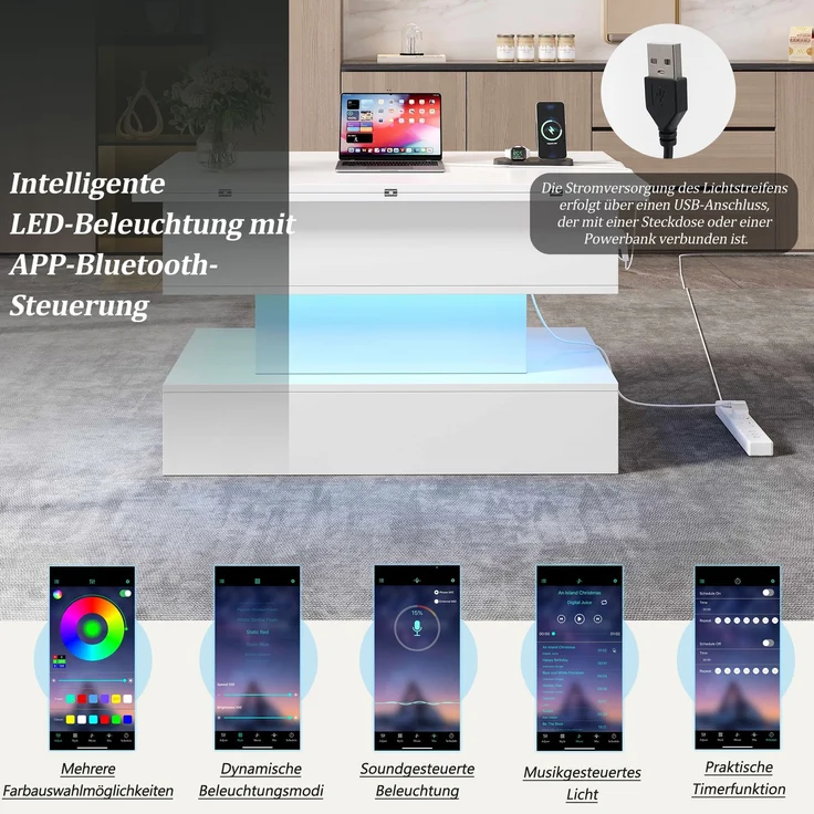 Couchtisch Weiß mit Hebefunktion, 100 x 50 x 51,5 cm, ausziehbar,LED-Licht steuerbar per App, USB- und Typ-C-Steckdose – Bild 6