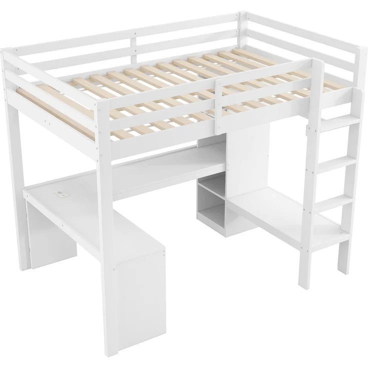U-life Hochbett 90x200 cm mit Schreibtisch, Multifunktionsregalen, USB-Ladestation und LED-Beleuchtung, Weiß, 170 x 101,5 x 205 cm – Bild 5