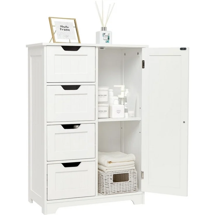 Mondeer Badkommode Badezimmerschrank, Wandkommode mit 4 Schubladen und 1 Tür, Verstellbar, Weiß – Bild 2