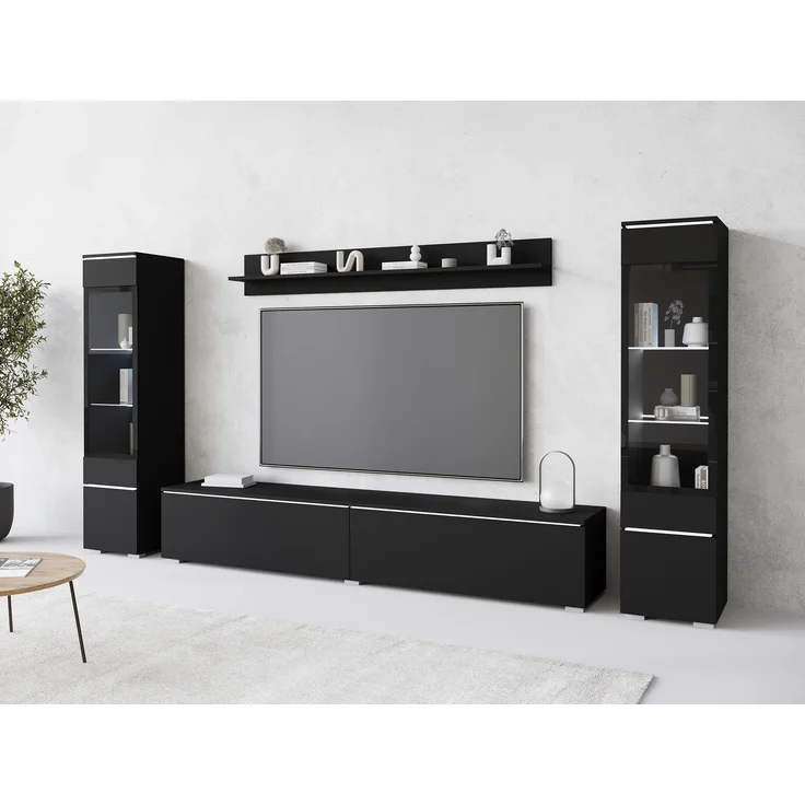 Wohnwand Doppo II, Wandregal, TV-Lowboard, 2x Hängevitrine, LED Beleuchtung (Farbe: Schwarzer Graphit) – Bild 3