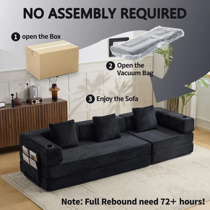 Klappbares Bodenschlafsofa mit Getränkehaltern und Seitentaschen, faltbare Cord-Futoncouch ohne Montage für Wohn- und Gästezimmer, Schwarz – Bild 8