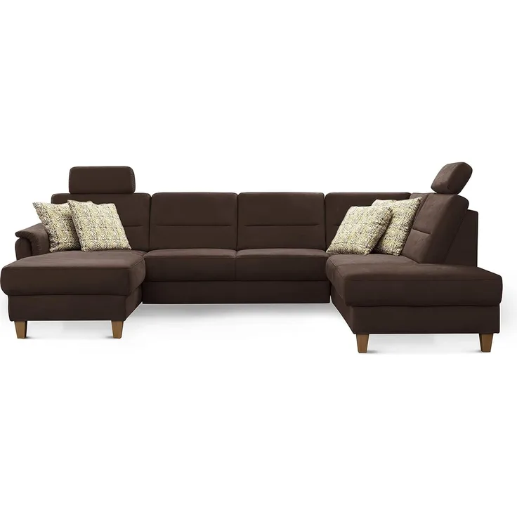 CAVADORE Wohnlandschaft Palera / U-Form Federkern-Sofa mit Schlaffunktion, Stauraum und 2 Kopfstützen / 314 x 89 x 212 / Mikrofaser, Braun