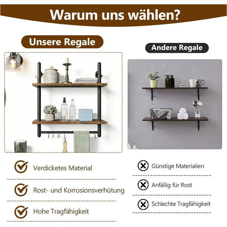 BlingBin Wandregal 2-stufiges schwebendes Rohrregal, Küchenregal mit Rundrohr und Haken, Industrial Regal 1-tlg, Schweberegal, Gewürzregal, Holzregal für Dekoration und Aufbewahrung – Bild 3