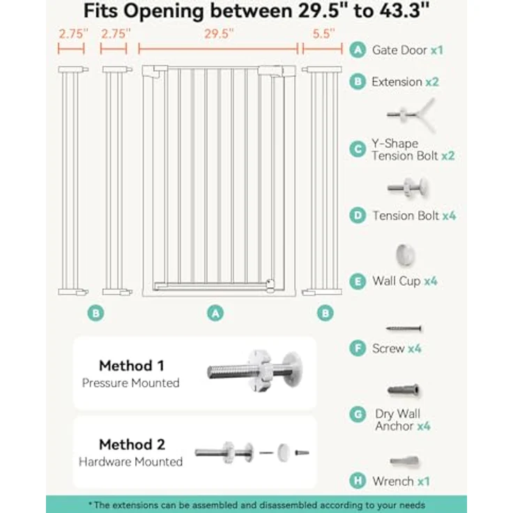COMOMY 107 cm Extra Hoch Türschutzgitter, 75-110 cm Breit Treppenschutzgitter ohne Bohren, Türgitter für Baby, Kinder, Hund und Katze, Metall, Automatisches Schließen, 90°Stop (Weiß) – Bild 8