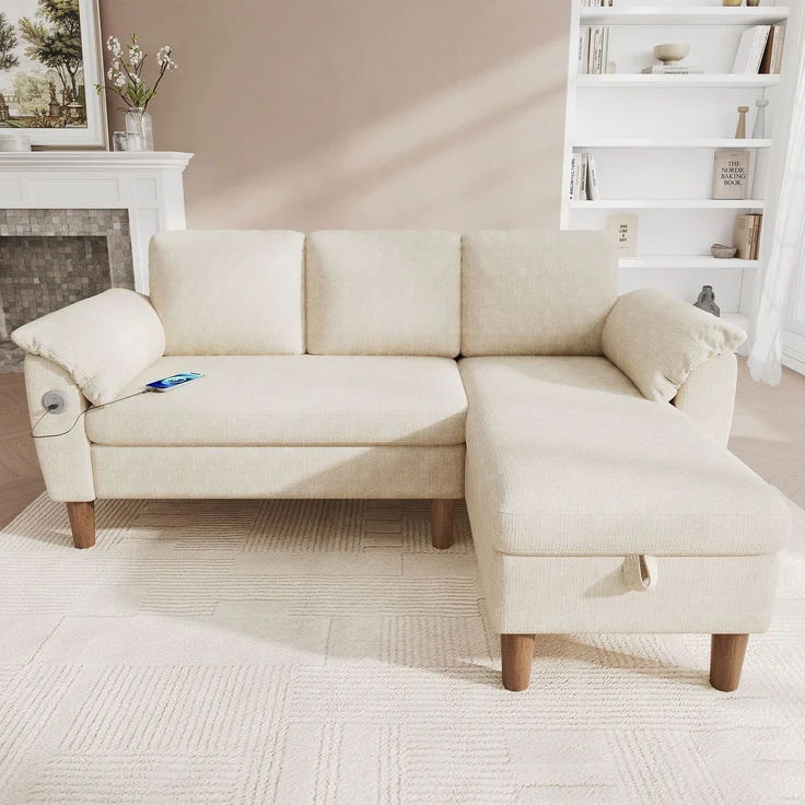 Merax L-förmiges Ecksofa, 3-Sitzer Sofa mit Stauraum-Chaiselongue, links/rechts montierbar, USB/Type-C-Ladeanschluss, Seitentasche, 2 halbfeste Armlehnenkissen, Chenille Stoff, Beige – Bild 2