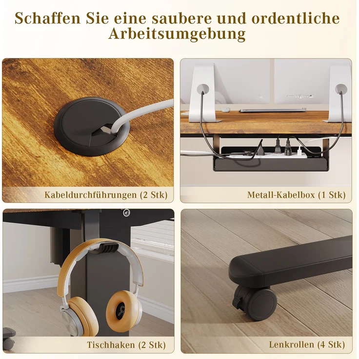 Devoko Höhenverstellbarer Schreibtisch Holzwerkstoff und Metall Braun 140 x 80 x 72-118 cm – Bild 3