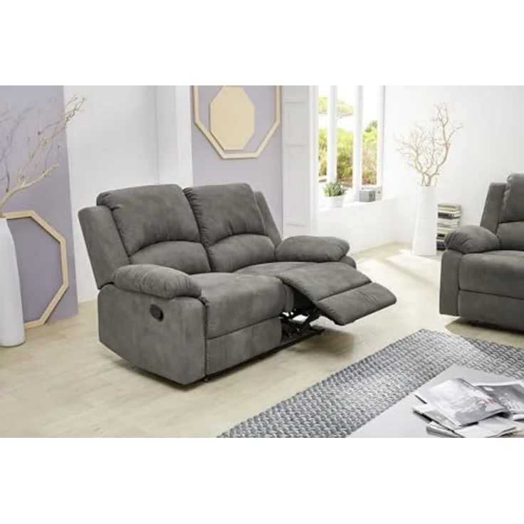 2-Sitzer-Relaxsofa Couch Liegefunktion Federkern Polster Stoff Vintage Anthrazit – Bild 4