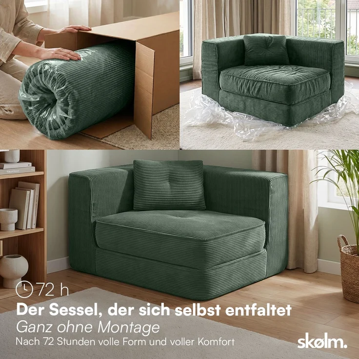 skølm 'Ránar' Ecksessel mit Liegefunktion und 1 Kissen, Sessel ausklappbar, vakuumverpackt ohne Aufbau, dunkelgrün aus Cord – Bild 4