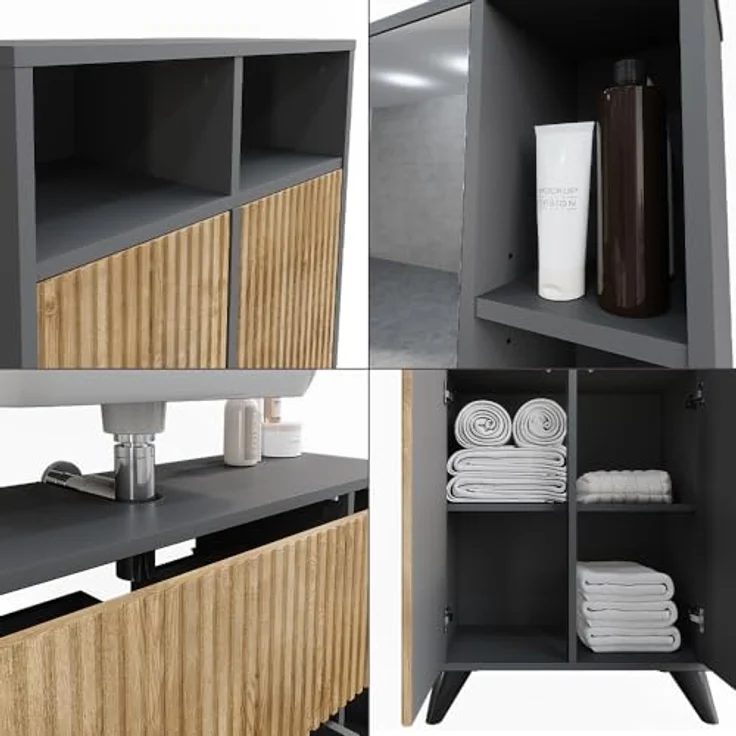 Vichy Badmöbel-Set Leano, Waschbeckenunterschrank und Spiegelschrank, Anthrazit/Bergeiche, 80 cm, Set 2 – Bild 6