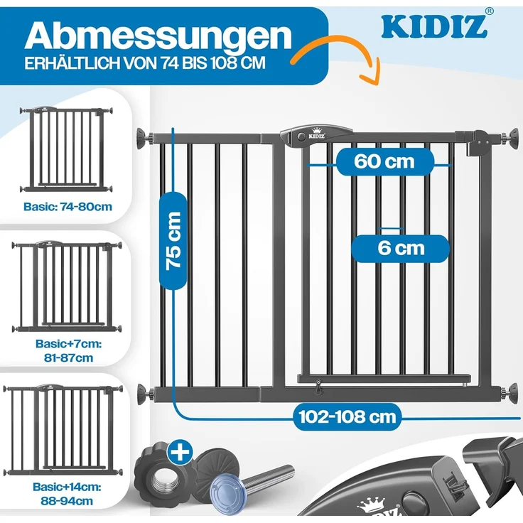 KIDIZ® Schutzgitter für Treppen, Auto Close Treppenschutzgitter ohne Bohren, 90° Stop, schwenkbare Trennwand, Klemmen, Anthrazit, 102 - 115 cm – Bild 2