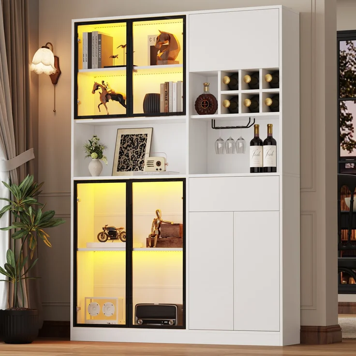 140x30x200cm Vitrine, Standvitrine mit 1 Schubladen 7 Schranktüren, Glasvitrine mit LED, Wohnzimmerschrank , Multifunktionsschrank mit 6 Weinregal,Becherhalter mit Aufhängung, Großer Schrank, Weiß – Bild 2