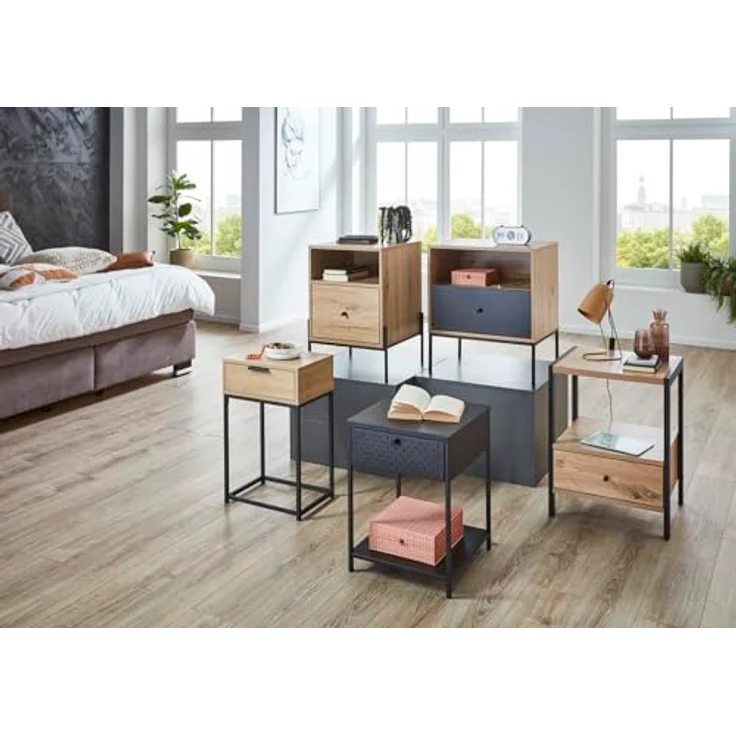 XXXL Nachtschrank Malmö, Schwarz, Eiche, Metall, 1 Schublade, 40x60x40 cm, Schlafzimmer Nachttisch – Bild 12