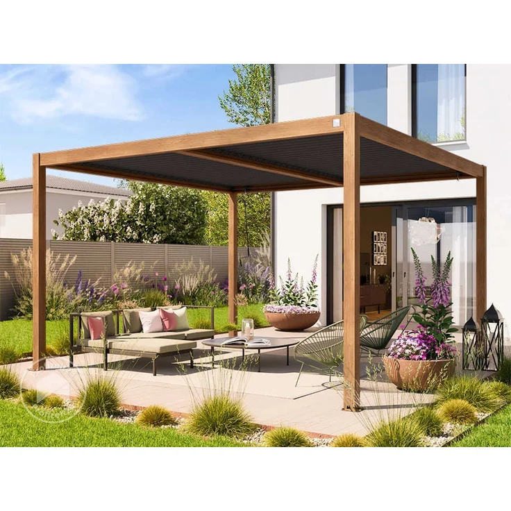 PRIMEYARD Pergola 4x4 m Aluminium-Pfosten mit Lamellendach aus Stahl holzfarbene Terrassenüberdachung – Bild 1