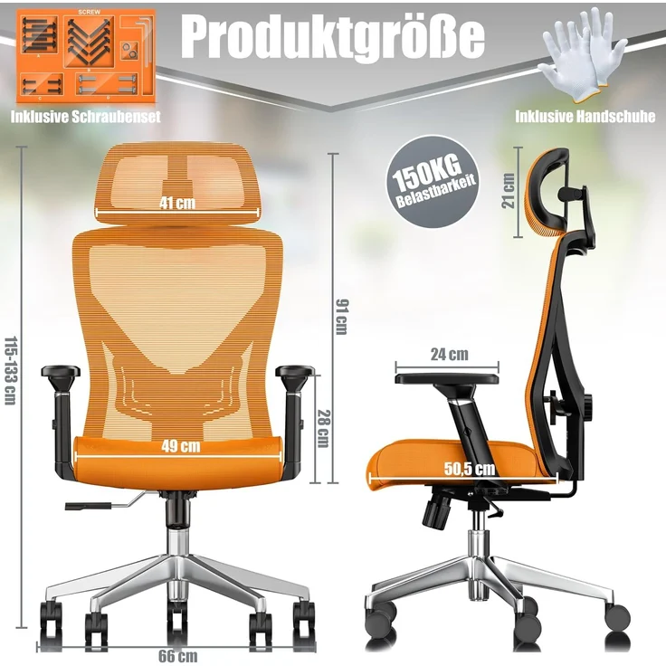 KESSER® Bürostuhl mit verstellbaren Armlehnen | Drehstuhl mit Lendenwirbelstütze Rückenschonend | Schreibtischstuhl ergonomisch mit Kopfstütze | Office Chair Wippfunktion bis 125° mit 5x Gummirollen Orange / Silber – Bild 2