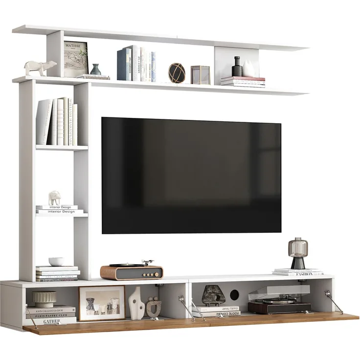 Merax 180cm TV Wohnwand-set mit Vitrinen, Mediawand inkl. TV-Board, Standregal und Wandregal, TV Wohnzimmermöbel-Set, TV-Schrank, stehend&hängend, TV bis 80', Weiß + Holzfarbe