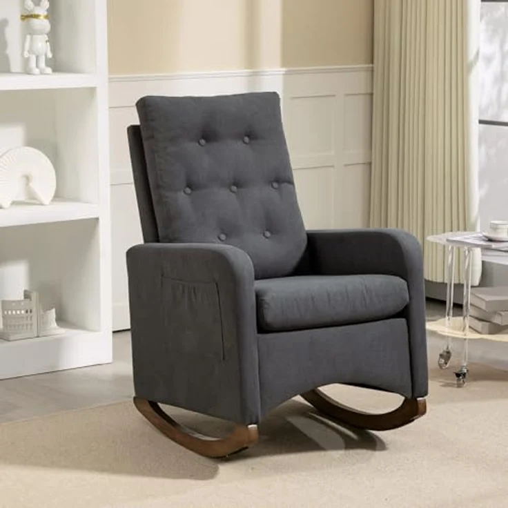 GarveeHome Gepolsterter Schaukelstuhl Mit Stoffbezug, Lesesessel Mit Seitentasche, Loungesessel Mit Hoher Rückenlehne Und Holzbeinen, Für Wohnzimmer Und Schlafzimmer, 66 x 65 x 86 cm – Bild 1