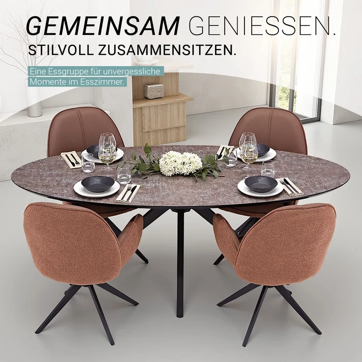 Esstisch mit 4 Stühlen Set Essgruppe Polsterstühle Drehbar Bouclé Leder Braun Esszimmertisch Oval Metall Schwarz – Bild 5